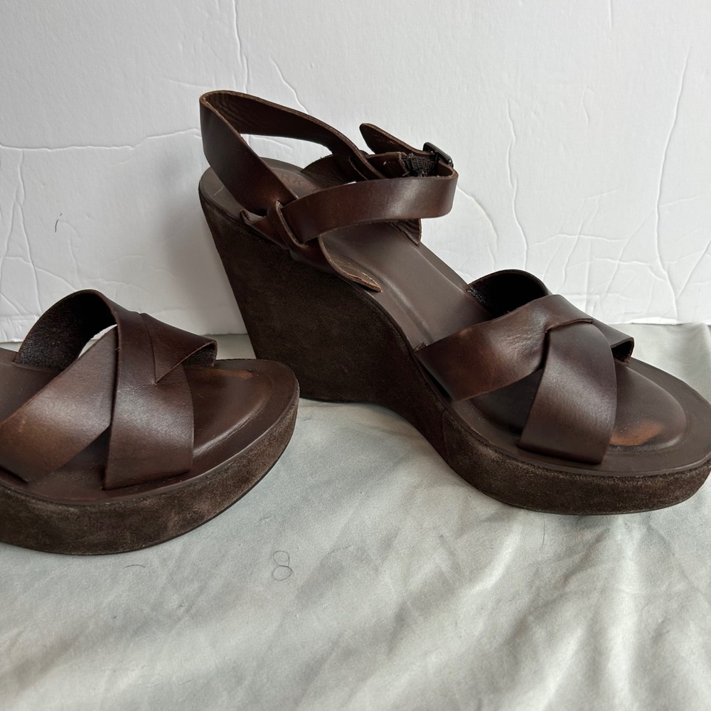 Kork-Ease Brown Leather Platform Wedge Sandals Suede Wrap Boho Retro Womens 8 - Picture 4 of 16